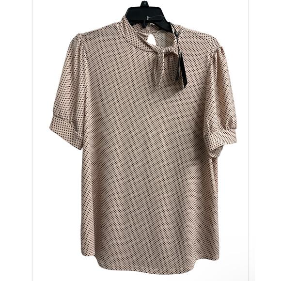 ADRIANNA PAPELL Champagne Polka Dot Side Tie Neck Puff Sleeve Blouse Top Large - Picture 1 of 9